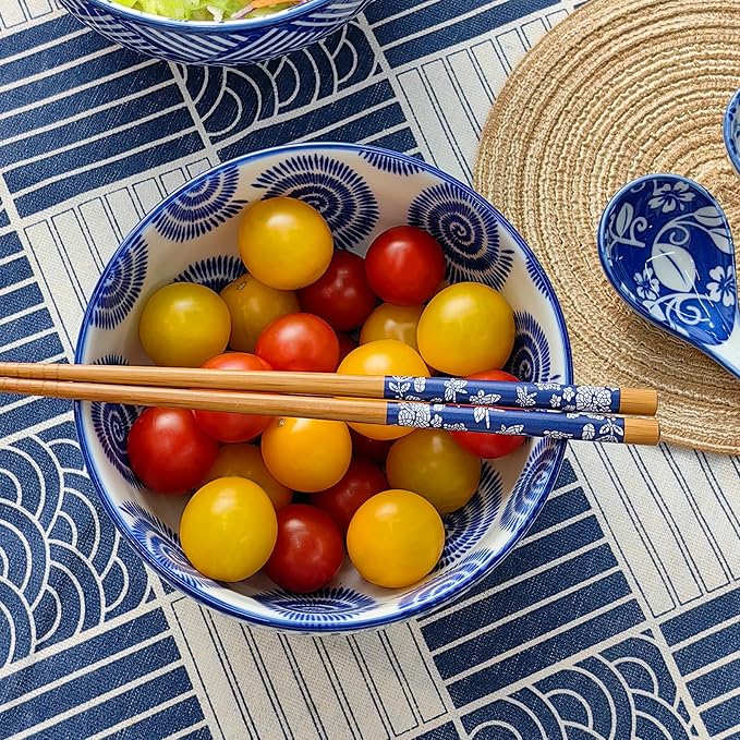 28Oz Ceramic Ramen Noodle Pho Bowl Set with Chopstick&Spoon&Gift box | Lead & Cd Free, Food Safe, Microwave/Oven/Dishwasher Safe, Matching pattern set, foam packed, ideal all-occasion gift