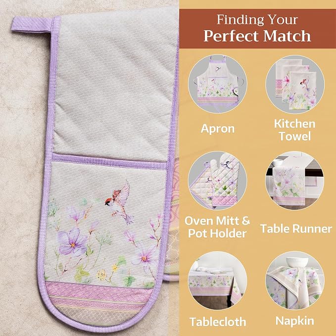 Maison d' Hermine Double Oven Mitts 100% Cotton Double Oven Glove (7"x35") | Heat Resistant BBQ Cooking Gloves with Loop Baking Grilling Kitchen Hotel Home Farmhouse Spring Summer - Magnolia Mornings