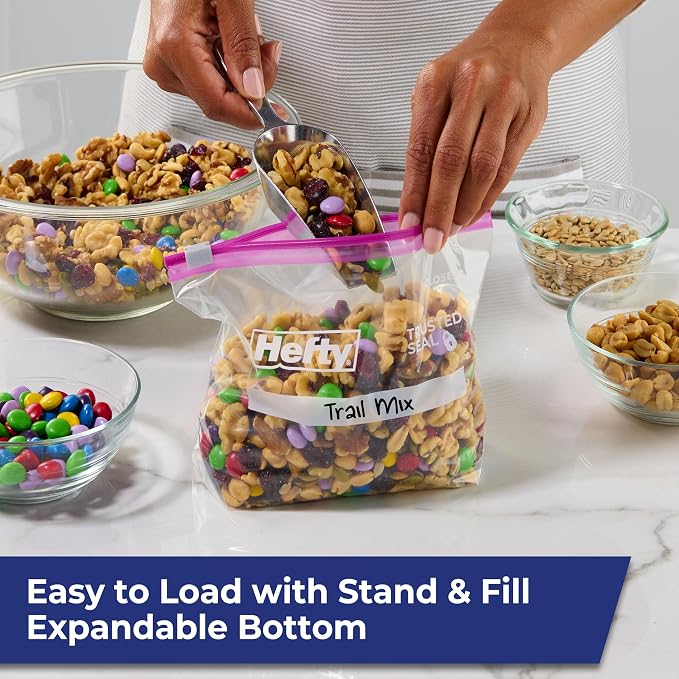 Hefty Slider Storage Bags, Quart Size, 78 Count | Bulk Pack, Quart Storage Bags for Food, Snacks, Toiletries, and More, Writable Label, Stand and Fill, Secure Slider Closure