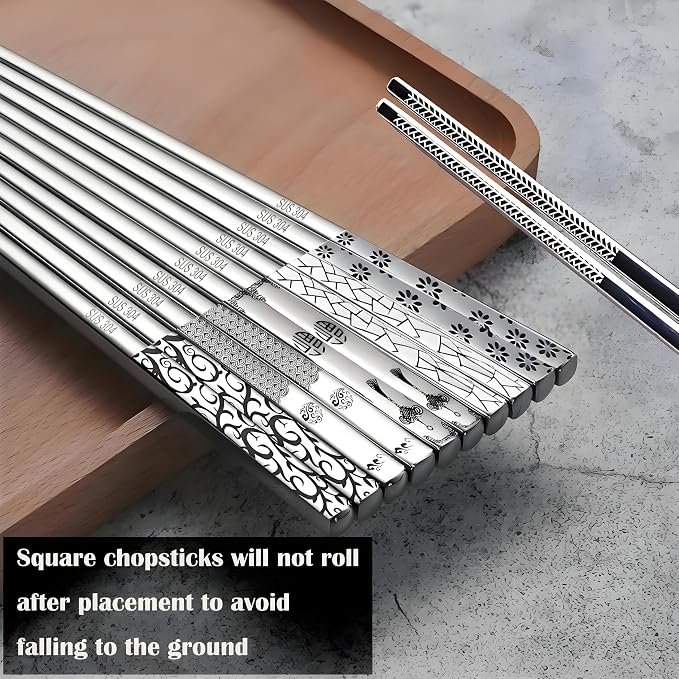 Metal Chopsticks Reusable 5 Pairs 18/8 Stainless Steel chop sticks silver | Dishwasher Safe,Non-Slip Grip,Good for Beginners,SUS304 Resistant to Rust,Square,Lightweight 9.25''