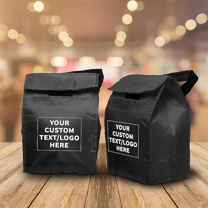 DISCOUNT PROMOS 100 Hook and Loop Insulated Lunch Bags Set - Customizable Text, Logo - Polyester, Durable, Vibrant, Reusable - Black