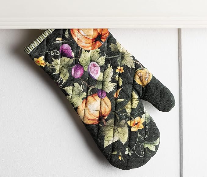 Maison d'Hermine Oven Gloves 100% Cotton Oven Mitt (7" x 13", Pack of 1) | With Loop Heat Resistant BBQ Cooking Gloves Kitchen Handling Hot Pans Thanksgiving Christmas - Pumpkin Garden - Dark Green