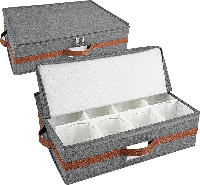 Mug Storage Box with Divider, Tea Cup and Coffee Mug Storage Container with Zipper Cover and Reinforced Handle, Hard Shell, Stackable, Foldable (Grey Red, 2 Sets)