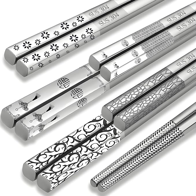 Metal Chopsticks Reusable 5 Pairs 18/8 Stainless Steel chop sticks silver | Dishwasher Safe,Non-Slip Grip,Good for Beginners,SUS304 Resistant to Rust,Square,Lightweight 9.25''