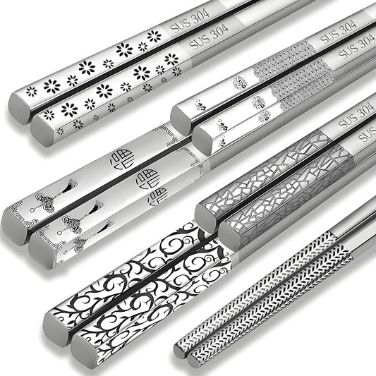 Metal Chopsticks Reusable 5 Pairs 18/8 Stainless Steel chop sticks silver | Dishwasher Safe,Non-Slip Grip,Good for Beginners,SUS304 Resistant to Rust,Square,Lightweight 9.25''