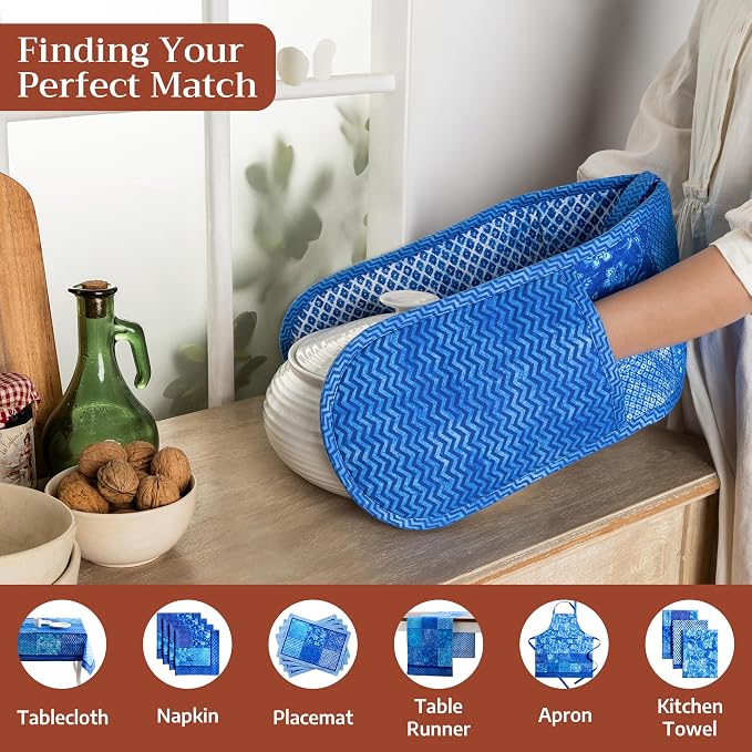 Maison d' Hermine Double Oven Mitts 100% Cotton Double Oven Glove (7"x35") | Heat Resistant BBQ Cooking Gloves with Loop Baking Grilling Kitchen Hotel Home Farmhouse Spring Summer - Indigo Love