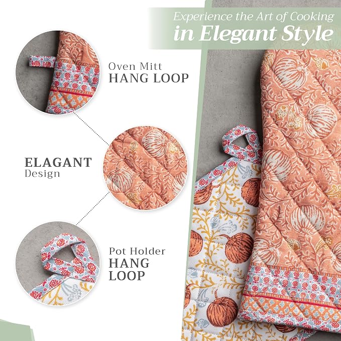 Maison d' Hermine 100% Cotton Oven Mitt & Pot Holder Set (7.5"x13" & 8"x8") | Heat Resistant BBQ Cooking Gloves with Loop Baking Kitchen Hotel Home Farmhouse Thanksgiving Christmas - Harvest Festival