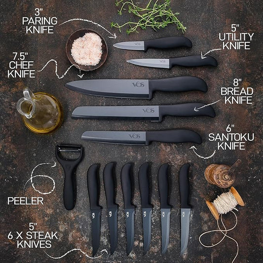 Vos Ceramic Knife Set With Block - 13-Piece Ceramic Knives Set For Kitchen, Includes Chef, Santoku, Bread Knives, Steak Knives, Peeler & Elegant Wooden Block - Ultra-Sharp, Dishwasher safe,Lightweight
