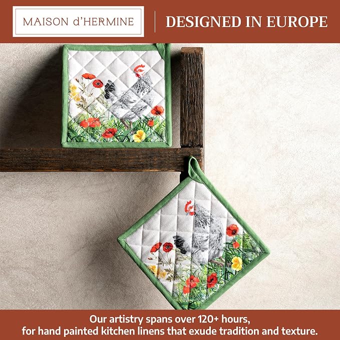 Maison d' Hermine Pot Holders 100% Cotton Potholders (8" x 8", Pack of 2) | Heat Resistant Hot Pads with Loop BBQ Cooking Baking Farmhouse Kitchen Handling Hot Pans Spring Summer - Basse Cour