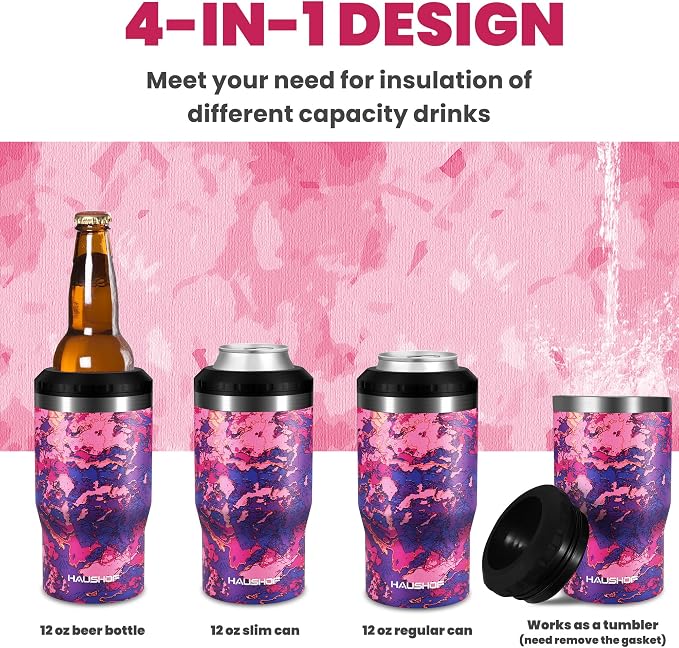 HAUSHOF 4-in-1 Insulated Can Cooler Fits 12oz Cans & Beer Bottle, Camo Red | Double-Wall Vacuum Insulated, 18/8 Stainless Steel, BPA-Free Lid, Slim Can Cooler for Camping, Beach & Picnic