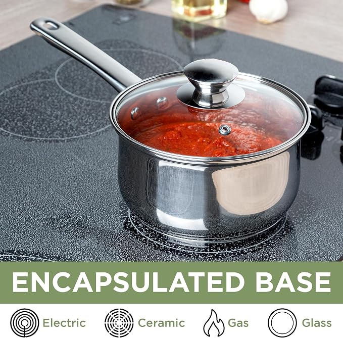 Ecolution Stainless Steel Sauce Pan, Encapsulated Induction Ready Cooking Pot with Glass Lid, Oven Safe, Dishwasher Safe Soup Pot, 2-Quart
