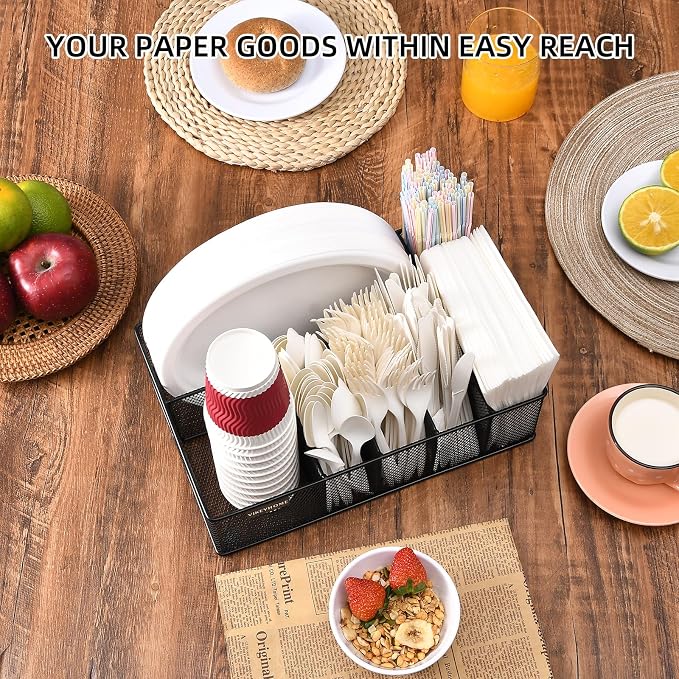 Paper Plate Organizer for Countertop, Black | Silverware Caddy with 6 Compartments for Cup, Napkin, Utensil Holder Caddy for Party, Camping, Picnic