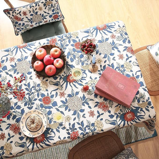 patdrea Designer Blue Tablecloth for Rectangle Table,Vintage Linen with Leaves and Floral Pattern Tablecloths,Farmhouse Decor Cover for Kitchen Dining Christmas,Thanksgiving,63"x87"-Ivar a