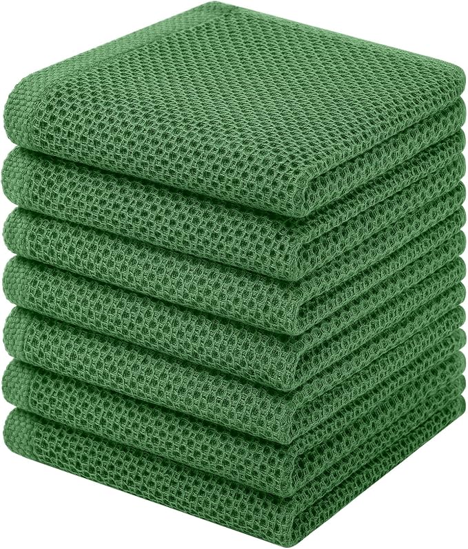Homaxy 100% Cotton Waffle Weave Kitchen Dish Cloths, 7-Pack, Grass Green | 12 x 12 Inches, Ultra Soft Absorbent Dish Towels, Quick Drying Dish Rags with Hanging Loop