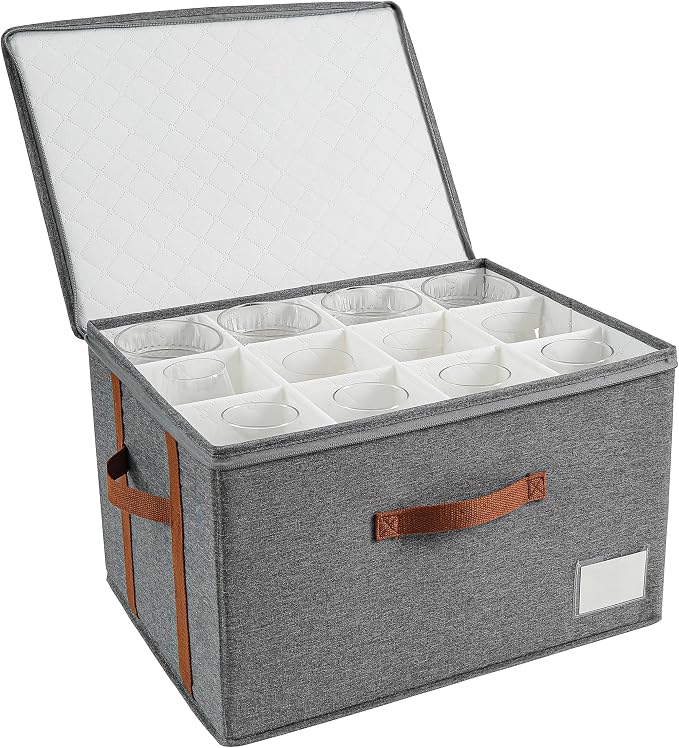Stemware storage containers, wine glass storage box ，wine glass storage box with dividers，glass storage containers，Holds 12 Red or White Wine Glasses, Hard Top and Sides(Grey red,