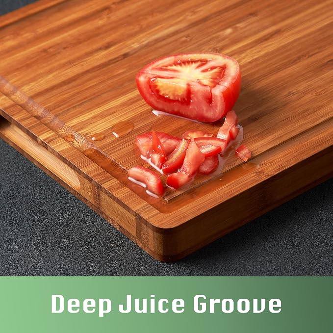 Allsum Extra Thick Wood Cutting Board for Kitchen, Reversible and Durable | 1” thick carbonized bamboo butcher block - resists warping - with handles, juice groove - charcuterie board for party