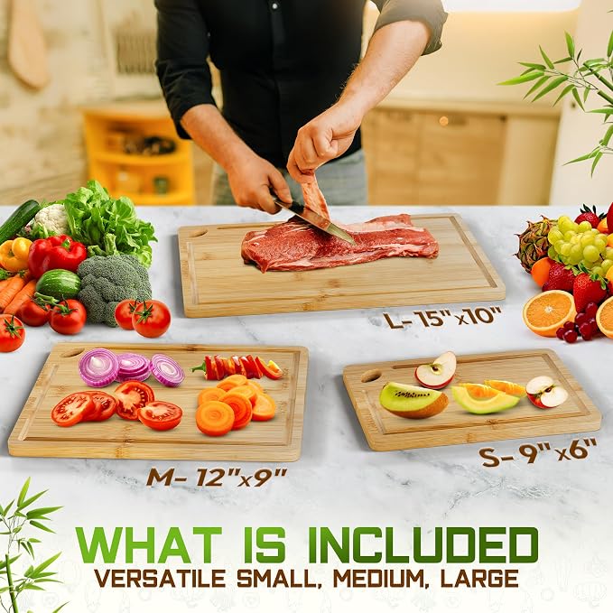 Bamboo Cutting Board Set of 3 (15x10, 12x9, 9x6) – Extra-Thick, Deep Juice Groove Wood Cutting Boards – Knife-Friendly for Kitchen Prep, Carving & Charcuterie – Easy to Clean