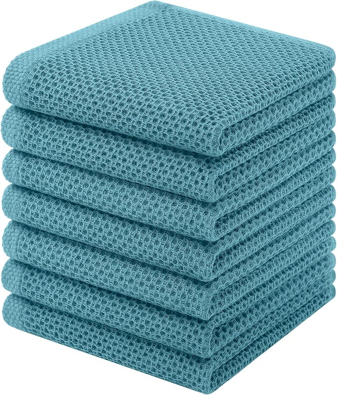 Homaxy 100% Cotton Waffle Weave Kitchen Dish Cloths, 7-Pack, Lake Blue | 12 x 12 Inches, Ultra Soft Absorbent Dish Towels, Quick Drying Dish Rags with Hanging Loop
