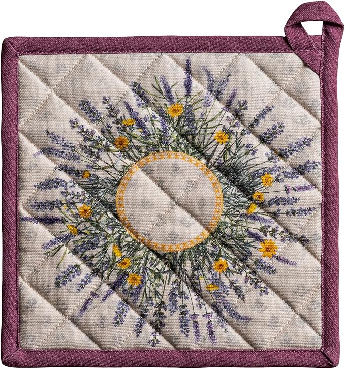 Maison d' Hermine Pot Holders 100% Cotton Potholders (8" x 8", Pack of 1) | Heat Resistant Hot Pads with Loop BBQ Cooking Baking Farmhouse Kitchen Handling Hot Pans Spring Summer - Fanny Lavender