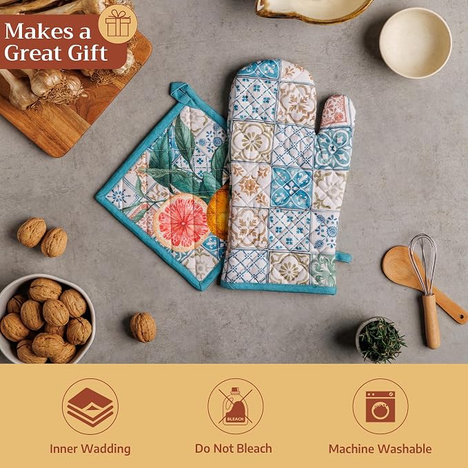 Maison d' Hermine 100% Cotton Oven Mitt & Pot Holder Set (7.5"x13" & 8"x8") | Heat Resistant BBQ Cooking Gloves with Loop Baking Grilling Kitchen Hotel Home Farmhouse Spring Summer - Agrume