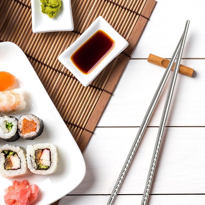 D'Eco Reusable Metal Chopsticks (4 Pairs)- Stainless Steel Twist Apart Silver Chopsticks & Travel Pouch- Lightweight, Durable, Dishwasher Safe- Great for Chinese Japanese Cuisine- On the Go Silverware