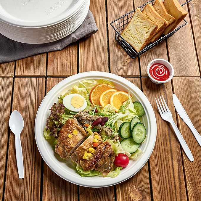 ECOLipak 125 Pack Paper Plates 10 inch 100% Compostable, Heavy-Duty Dinner Plates Disposable Bagasse Deep Dish Natural Biodegradable Eco-Friendly Sugarcane (White)