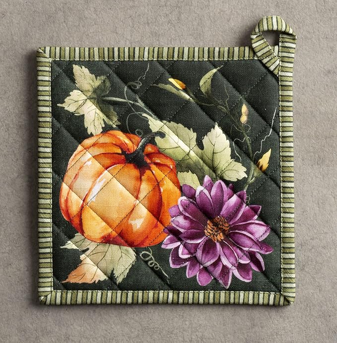 Maison d' Hermine Pot Holders 100% Cotton Potholders (8" x 8", Pack of 2) | Heat Resistant Hot Pads with Loop BBQ Cooking Kitchen Handling Hot Pans Thanksgiving Christmas - Pumpkin Garden - Dark Green