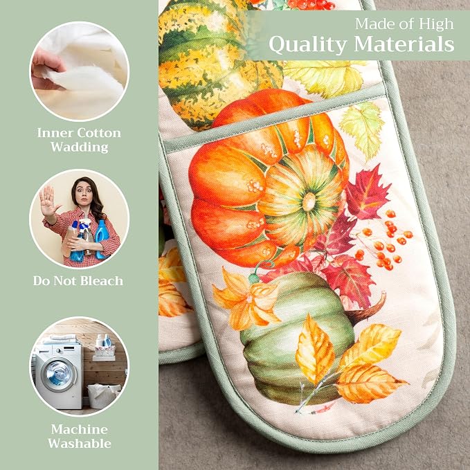 Maison d' Hermine Double Oven Mitts 100% Cotton Double Oven Glove (7"x35") | Heat Resistant BBQ Cooking Gloves with Loop Baking Kitchen Home Hotel Farmhouse Thanksgiving Christmas - Lumina