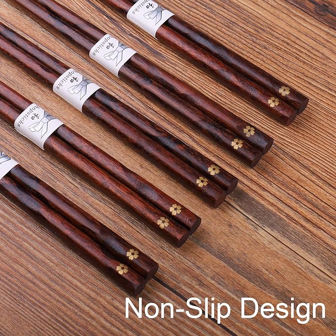 GLAMFIELDS Reusable Chopsticks Japanese Natural Wooden Classic Style 5 Pairs Lightweight Hand-Carved Safe Chop Sticks 8.8 Inch/22.5cm Gift Set