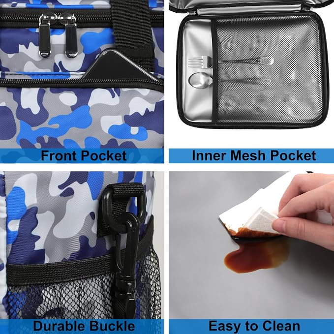 Lunch Bags for Women/Men, Insulated Lunch Bag for Work Office - Lunch Cooler Bag Leakproof Lunch Box with Adjustable Shoulder Strap - Blue Camouflage