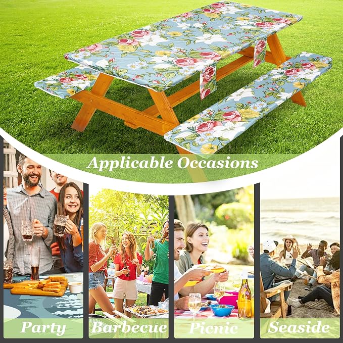 Fitted Picnic Table Cover with Bench Covers Set, Waterproof Lightweight Rectangle 96in Folding Table Cloths Canopy Shade Slipcover Cool Unique Fun Camping Gift for Camper Women Men Family Rv Owners