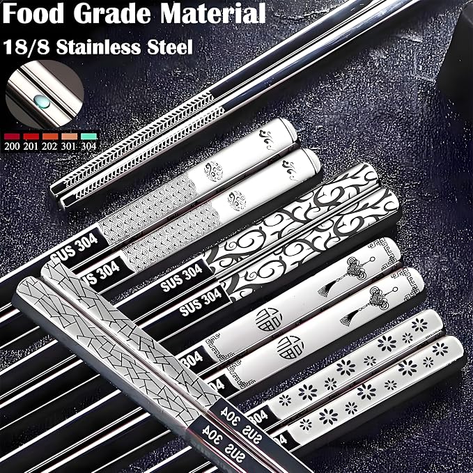 Metal Chopsticks Reusable 5 Pairs 18/8 Stainless Steel chop sticks silver | Dishwasher Safe,Non-Slip Grip,Good for Beginners,SUS304 Resistant to Rust,Square,Lightweight 9.25''