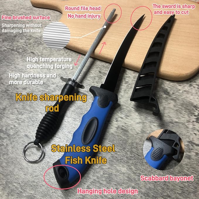 Fishing Knife Set, Fish Cleaning Kit, Filet Knife for Fish, Fish Scale Cleaning Brush, Multi-Functional Scissors, Gloves, Fishbone Tweezers, Storage Bag,Fishing Accessories,Fishing Tool Kit