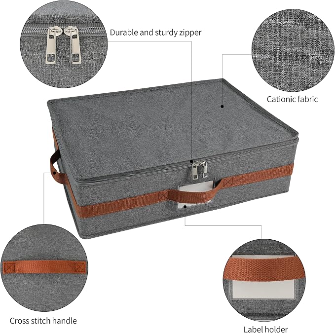 Mug Storage Box with Divider, Tea Cup and Coffee Mug Storage Container with Zipper Cover and Reinforced Handle, Hard Shell, Stackable, Foldable (Grey Red, 2 Sets)