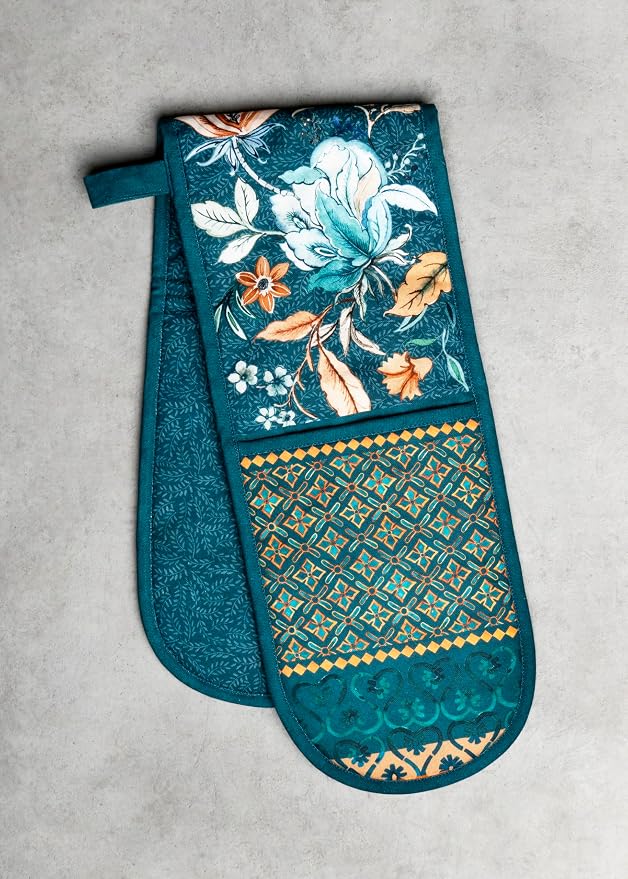 Maison d' Hermine Double Oven Mitts 100% Cotton Double Oven Glove (7"x35") | Heat Resistant BBQ Cooking Gloves with Loop Baking Kitchen Home Farmhouse Thanksgiving Christmas - Luxury Loft - Dark Teal