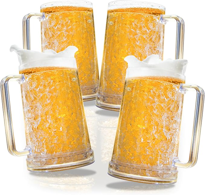 Granatan Freezer Beer Mugs Set of 4, 16 oz Double Wall Gel Mugs for Freezer, Acrylic Plastic Beer Stein with Handle, Ice Cold Glasses for Men, BBQ, & Pool Parties (Clear)