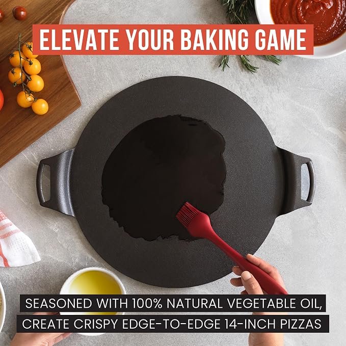 Chef Pomodoro Cast Iron Pizza Pan, Pre-Seasoned Dosa Pan with Handles, Flat Pan for Oven, Round Griddle for Dosa Tawa Roti, Comal for Tortillas, Baking Stove, Oven, Grill BBQ and Campfire (15-inch) | Round Griddle for Dosa, Tawa, Roti, Comal; Oven, Gri...