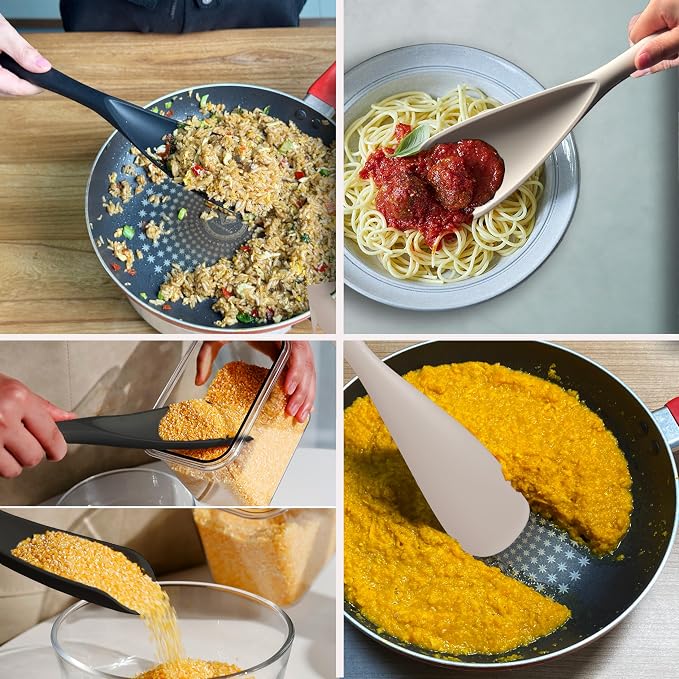Cooking Spoon and Rice Scooper Set for Nonstick Cookwares, Heat Resistant- Seamless Design, Great for Cooking, Serving, Mixing, Scoop, and Scrape,2 Pack, Khaki