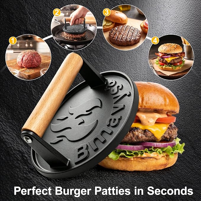 Heavy Duty Cast Iron Smash Burger Grill Press with Wooden Handle | Non-stick & Rust Resistant, Ideal Burger Smasher for Hamburgers, Bacon, Steak, Sandwiches and Beef on Grill & Griddle