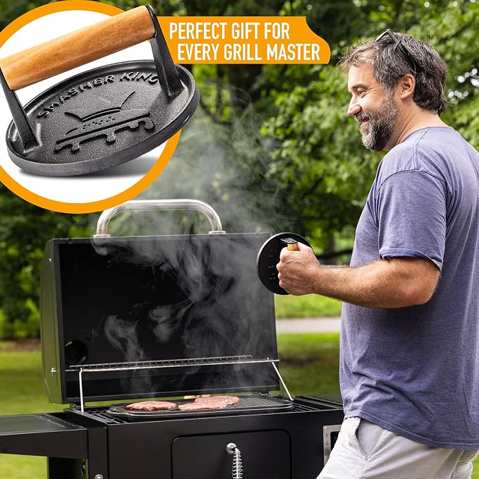 SMASHER KING™ - Smash Burger Press - Cast Iron Burger Smasher | Hamburger Patty Maker - Smash Burger Kit With 25 Sheets Of Paper - Grill Press And Steak Weight And Heavy Meat Smasher