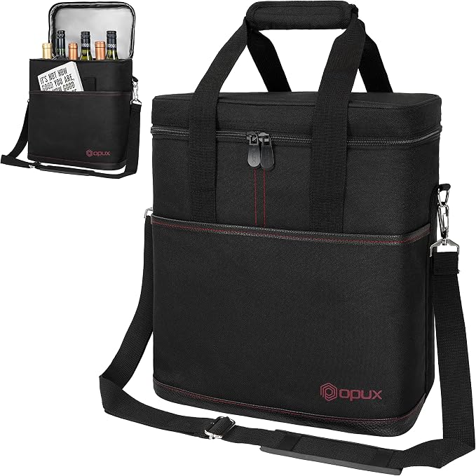 opux 6 Bottle Carrier Tote | Insulated Padded Wine Cooler Bag for Travel. Picnic, BYOB | Portable Leakproof Wine Tote Bag for Dinner, Party, Christmas, Wine Gift for Women, Men (Black)
