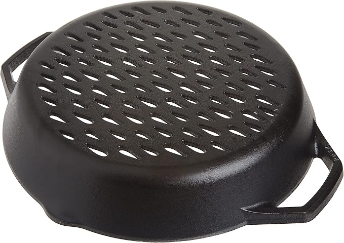 Lodge Pre-Seasoned Cast Iron Round Grilling Pan - Use on the Grill - Grilling Pan Designed to Protect Food from Falling Through the Grate - Cast Iron 12 Inch