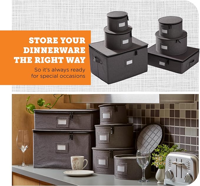 storageLAB 6-Piece China Storage Set | Plates, Mugs & Wine Glasses | Gray | Most complete set - plates, mugs & wine glasses for 12. Hard shell, felt-lined, stackable. Full china system in one.