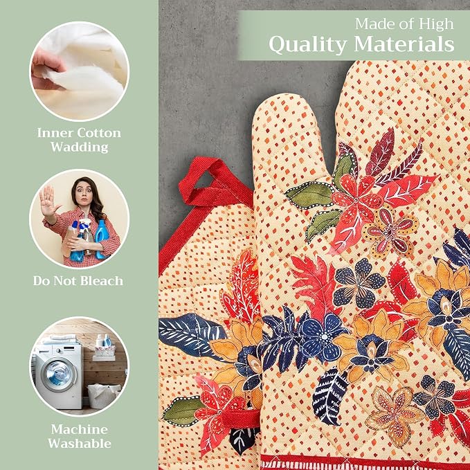 Maison d' Hermine 100% Cotton Oven Mitt & Pot Holder Set (7.5"x13" & 8"x8") | Heat Resistant BBQ Cooking Gloves with Loop Baking Grilling Kitchen Hotel Home Farmhouse Thanksgiving Christmas - Kalahari