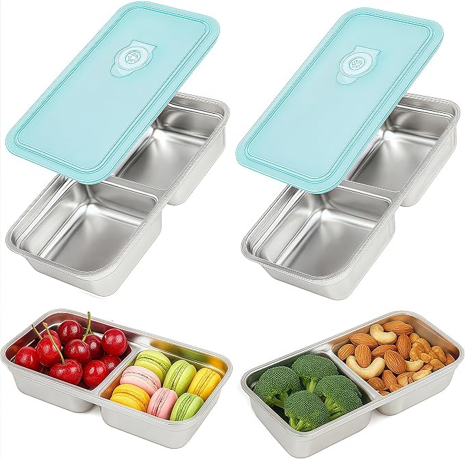 2Pcs 304 Stainless Steel Bento Boxes, 2 Compartments Portable Food Storage Containers Snack Boxes with Lids, Divided Meal Prep Lunch Box Food Container Dishwasher Safe