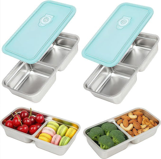 2Pcs 304 Stainless Steel Bento Boxes, 2 Compartments Portable Food Storage Containers Snack Boxes with Lids, Divided Meal Prep Lunch Box Food Container Dishwasher Safe