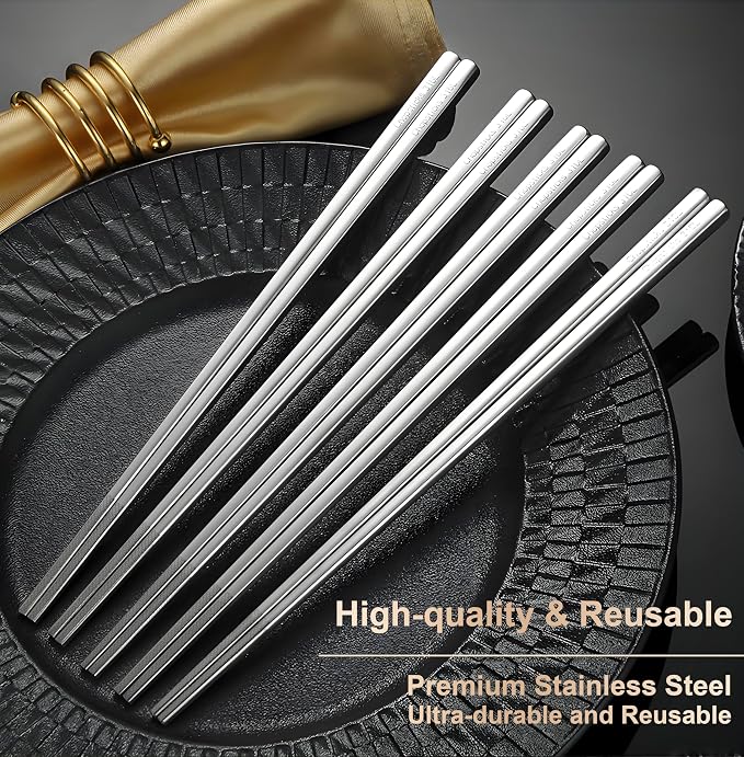 5 Pairs Metal Chopsticks Reusable 316 Stainless Steel Chopsticks Cute Laser Engraved Non-slip Japanese Korean Chinese Chopstick for Cooking Eating Dishwasher Safe 9.5" Chop Sticks Gift Set