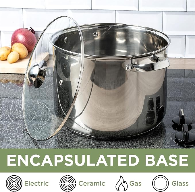 Ecolution Pure Intentions Stock Pot - Features Tempered Glass Lid, Stay-Cool Handles, and Encapsulated Bottom - Oven Safe - Curbside Recyclable Stainless Steel - 12 Quarts