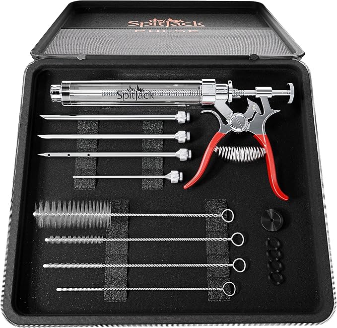 PULSE Meat Injector Gun, BBQ Meat Marinade Injector Kit for Brisket, Pork Shoulder, and Chicken, 50ml with 4 Stainless Steel Needles, Case and Guide