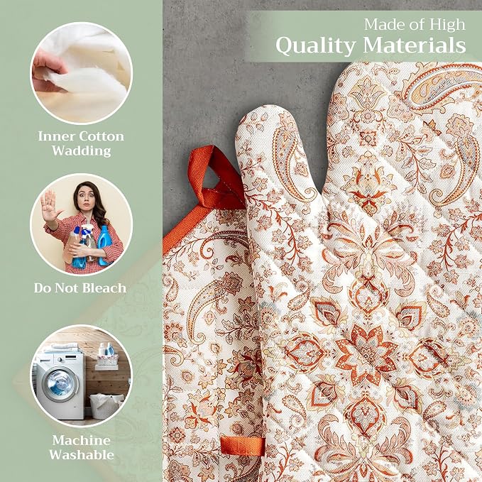 Maison d' Hermine 100% Cotton Oven Mitt & Pot Holder Set (7.5"x13" & 8"x8") | Heat Resistant BBQ Cooking Gloves with Loop Baking Grilling Kitchen Hotel Home Farmhouse Thanksgiving Christmas - Cachemire